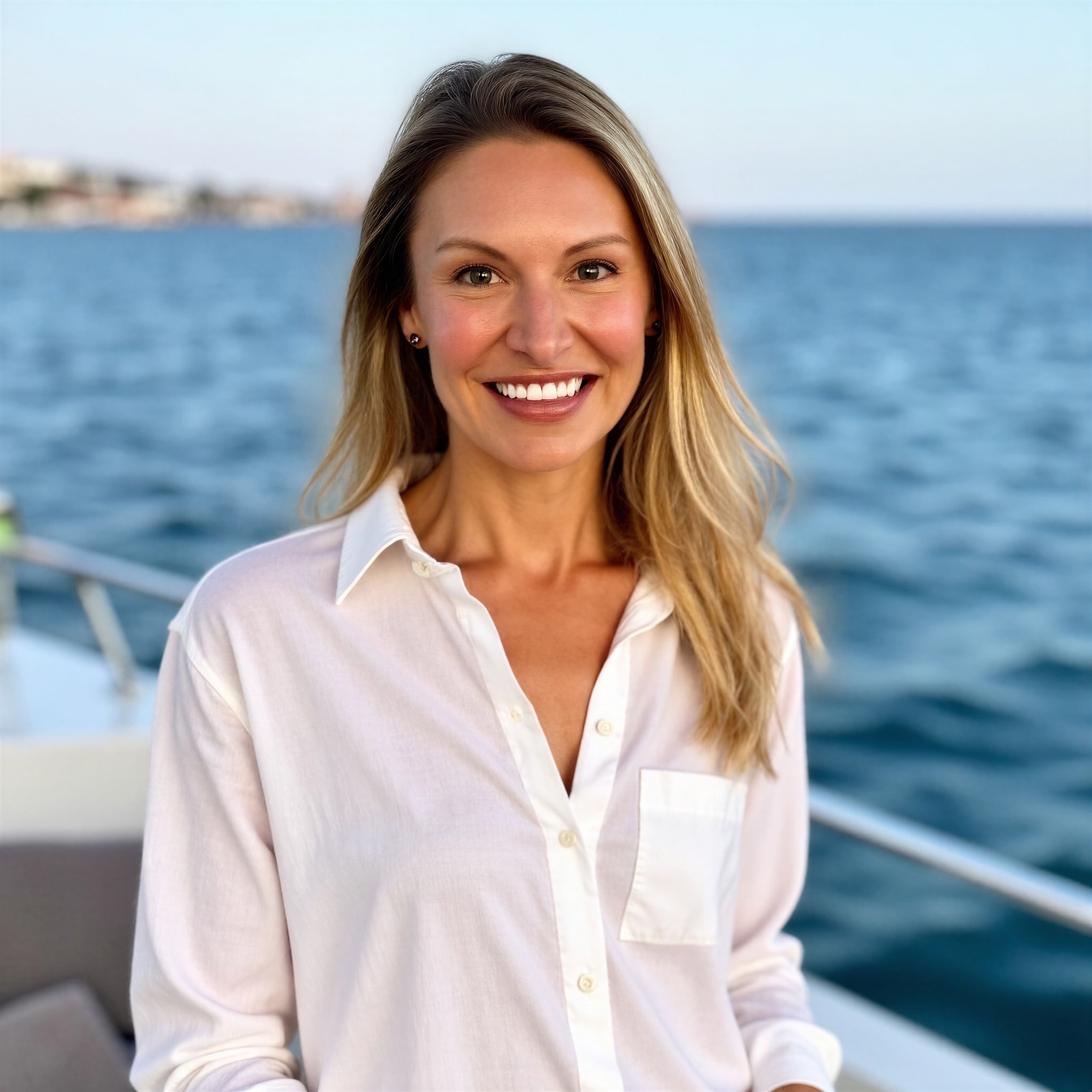 Maegan Copeland smiling on a boat, ocean and coastline behind her